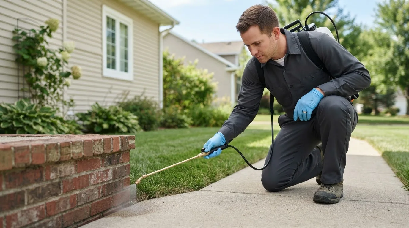 Pest control technician treating a home near Randall, IA