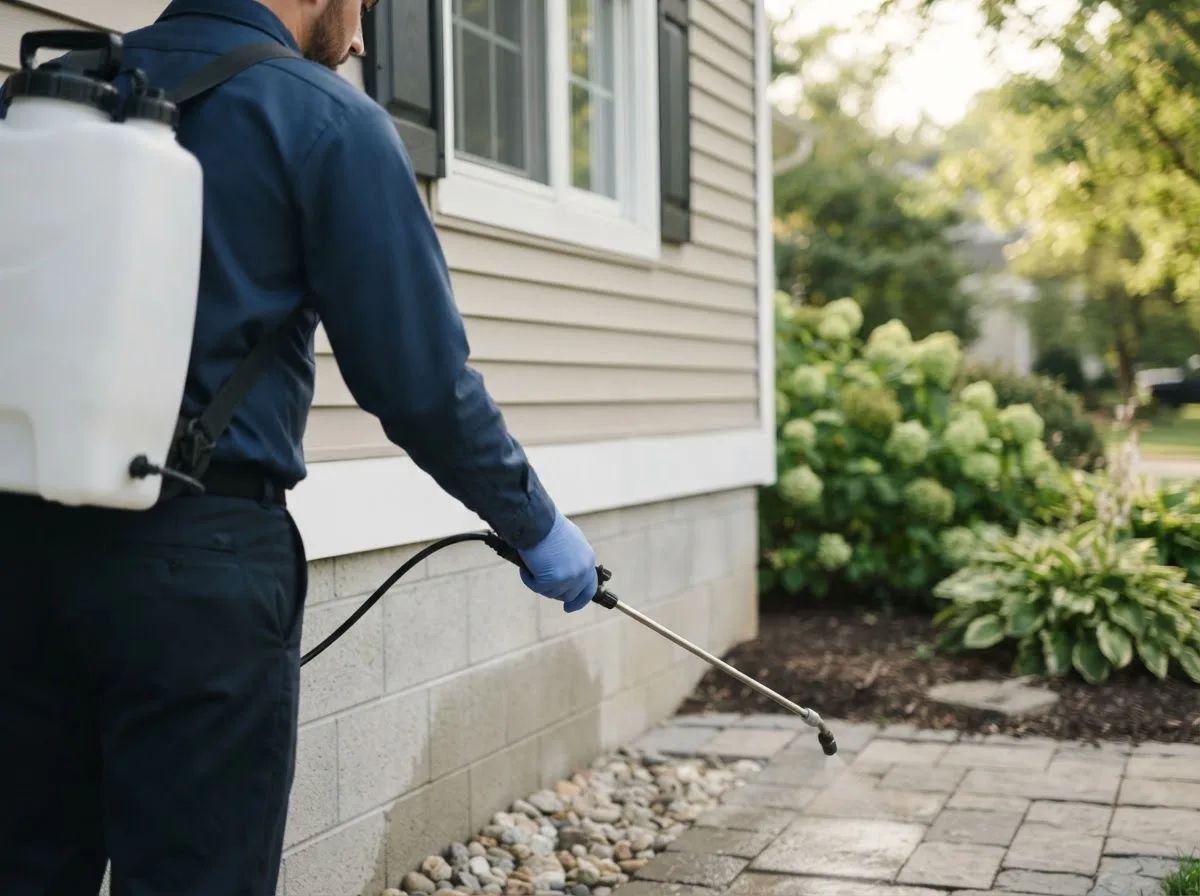 Pest control technician inspecting a home in Randall, IA